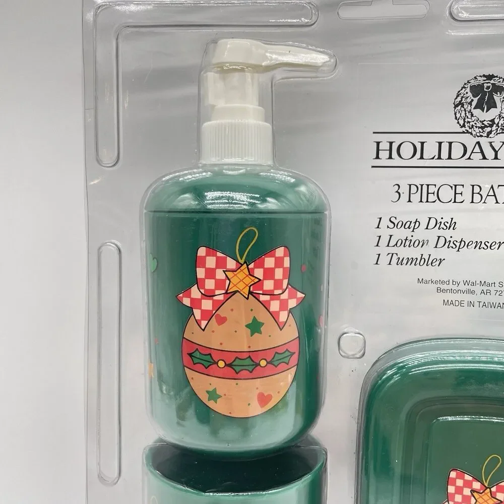 Holiday Time Christmas Ornament 3 Pc Bath Set Soap Dish Dispenser Tumbler NIP
